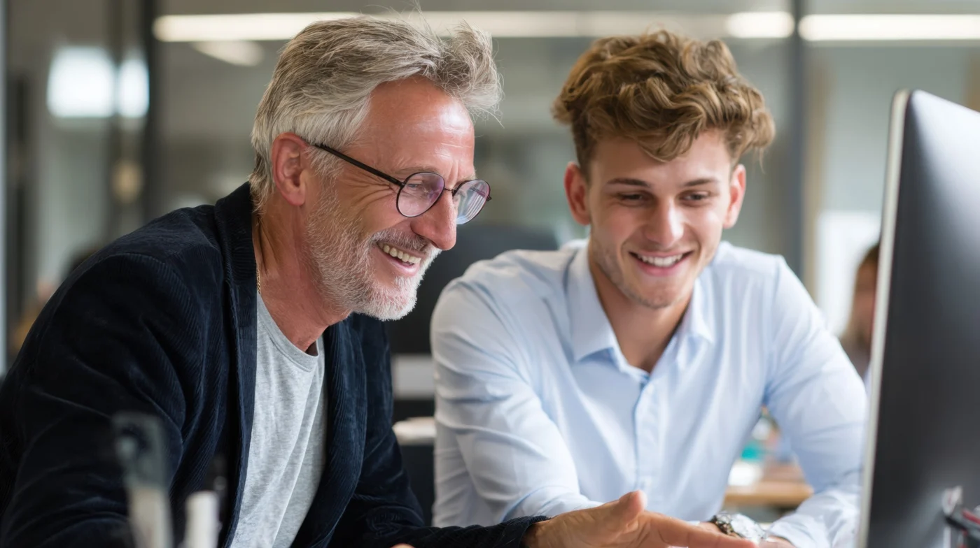 Vakexpert en collega bespreken samen informatie op een beeldscherm