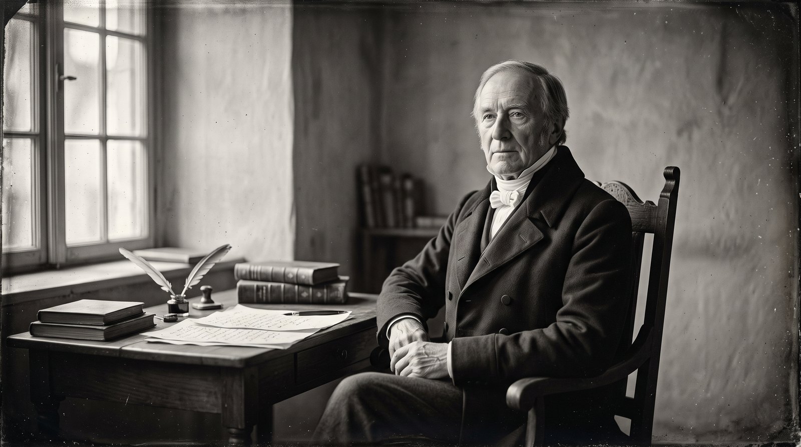 AI-gegenereerde reconstructie van een oudere man aan een bureau in een studeerkamer, in de beeldtaal van vroege fotografie; geen authentieke foto.