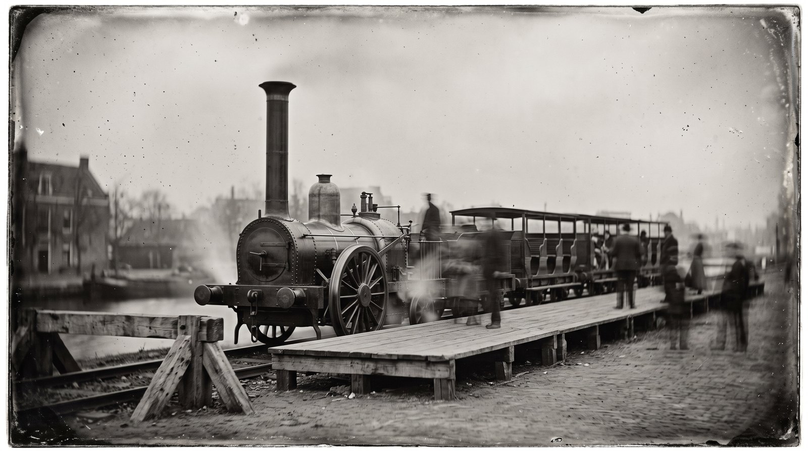 AI-gegenereerde reconstructie van een vroege stoomlocomotief aan een houten perron langs een gracht, met bewogen figuren, in de beeldtaal van vroege fotografie; geen authentieke foto.