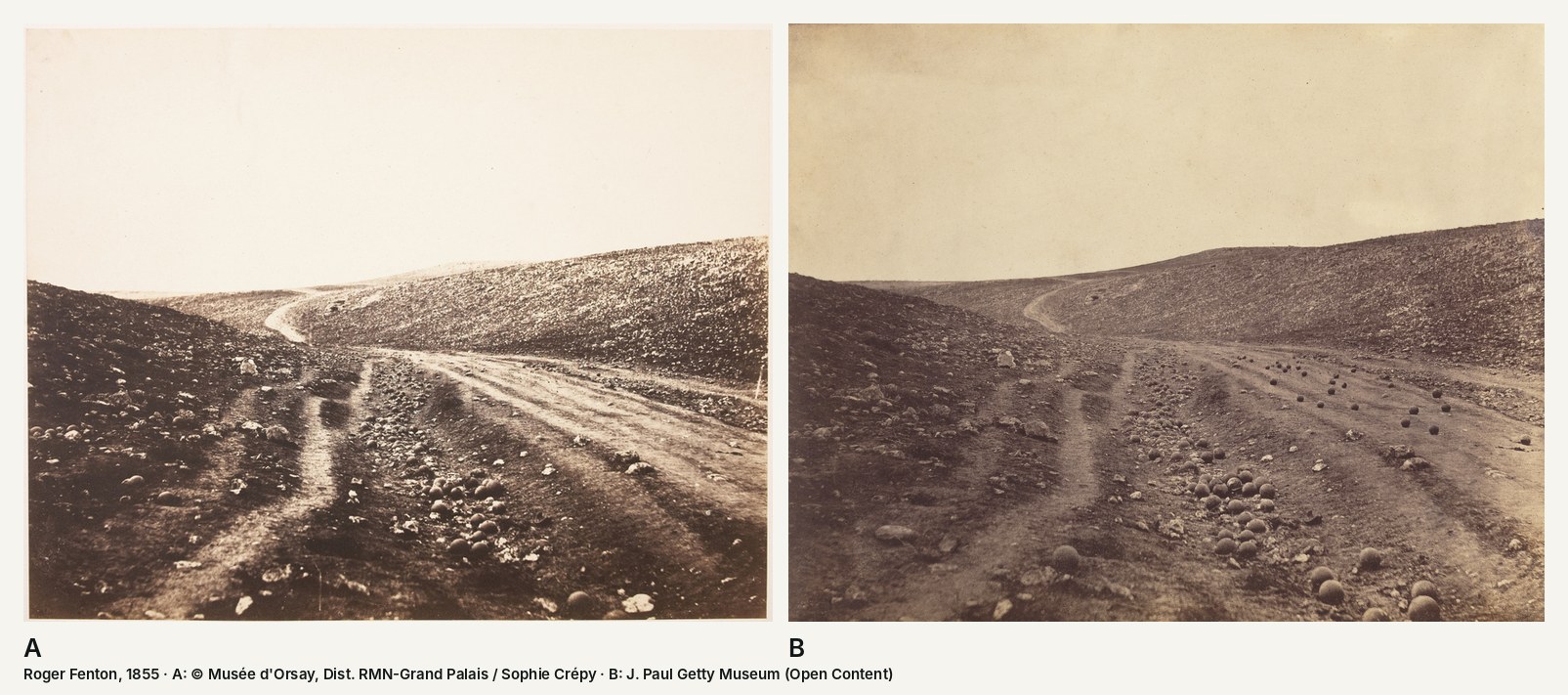 Twee zoutdrukken van Roger Fenton naast elkaar, A en B: dezelfde kale holle weg tussen twee hellingen. Op A liggen de kanonskogels vooral in de greppel, op B ook verspreid over de weg.