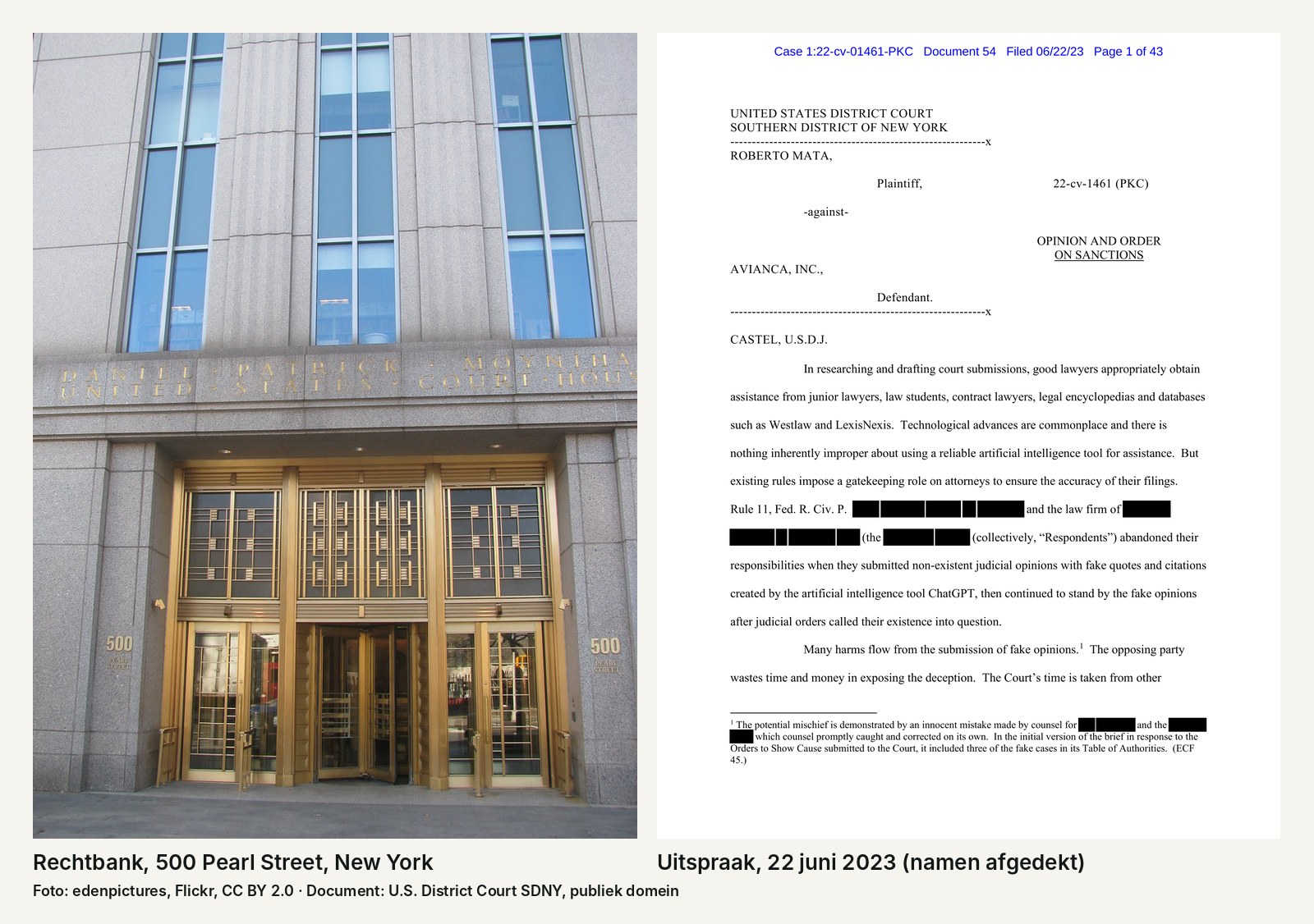 Links de ingang van het Daniel Patrick Moynihan United States Courthouse in New York, met gouden deuren en het huisnummer 500. Rechts de eerste pagina van de uitspraak Mata tegen Avianca, Opinion and Order on Sanctions, gedateerd 22 juni 2023.