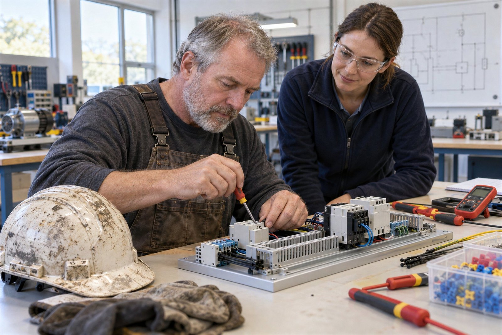 AI-gegenereerde illustratie, geen foto. Een oudere technicus met grijze baard en een vuile overall schroeft aan een schakelkast op een werkbank. Een jongere vrouw in opleiding, met veiligheidsbril, kijkt mee. Op tafel een gebruikte veiligheidshelm, schroevendraaiers en een multimeter.