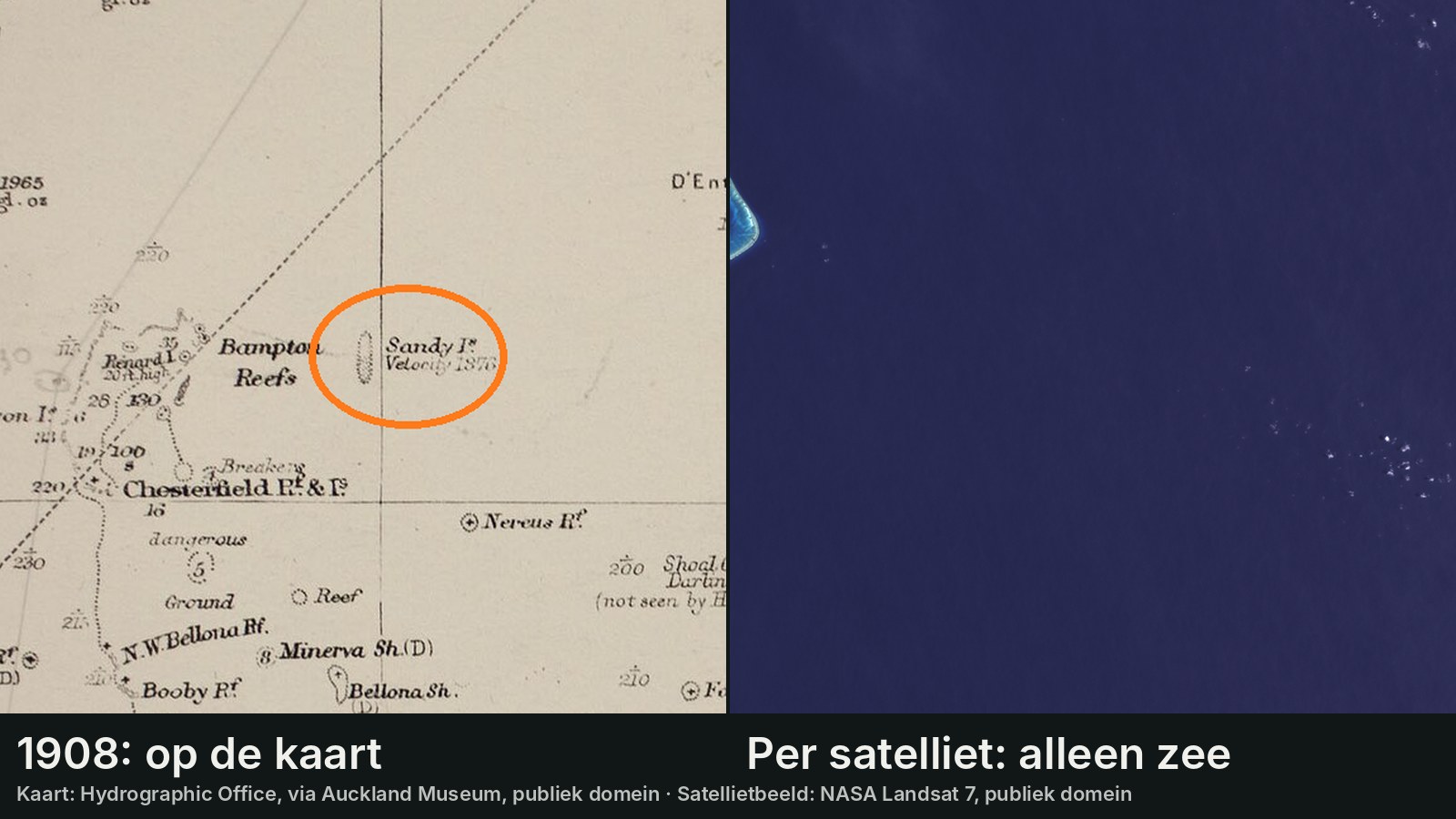 Links een oude, beige zeekaart van de Koraalzee met de Chesterfield-riffen en Bampton Reefs; rechts daarvan een langwerpig eilandje met het opschrift "Sandy I., Velocity 1876", omcirkeld in oranje. Rechts een satellietbeeld van het gebied: aan de rand een paar lichtblauwe riffen, verder alleen donkerblauwe zee. Onderschriften: "1908: op de kaart" en "Per satelliet: alleen zee".